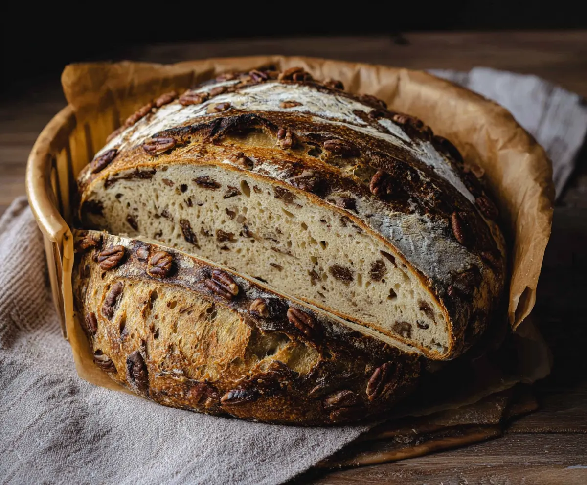 Golden Maple Pecan Sourdough Bread with a crispy crust and toasted pecans on top.