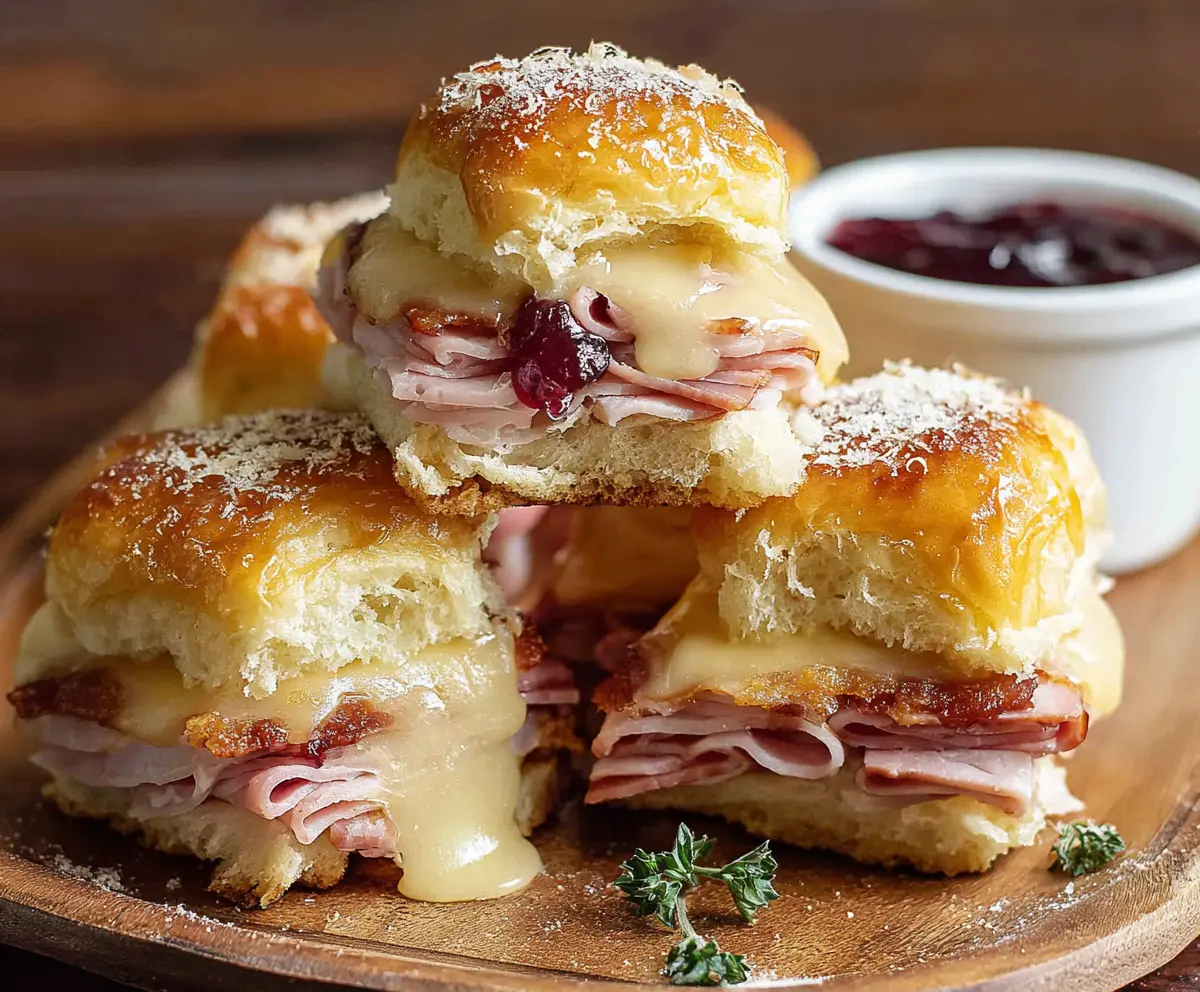 Delicious Monte Cristo sliders made with Hawaiian rolls, showcasing melted cheese, ham, and turkey in a warm, toasted bun.