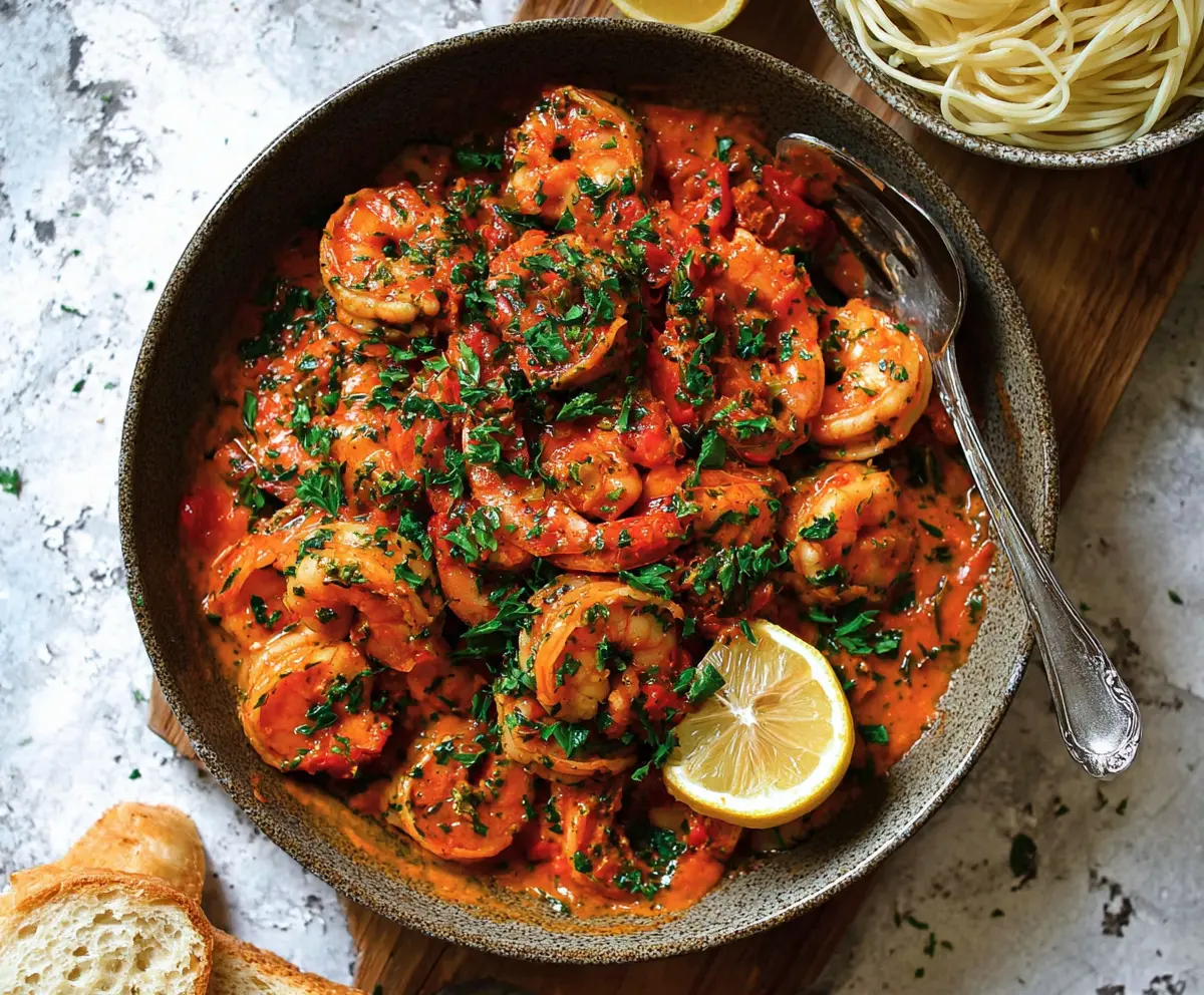 Delicious paprika shrimp skillet with vibrant spices and fresh herbs.
