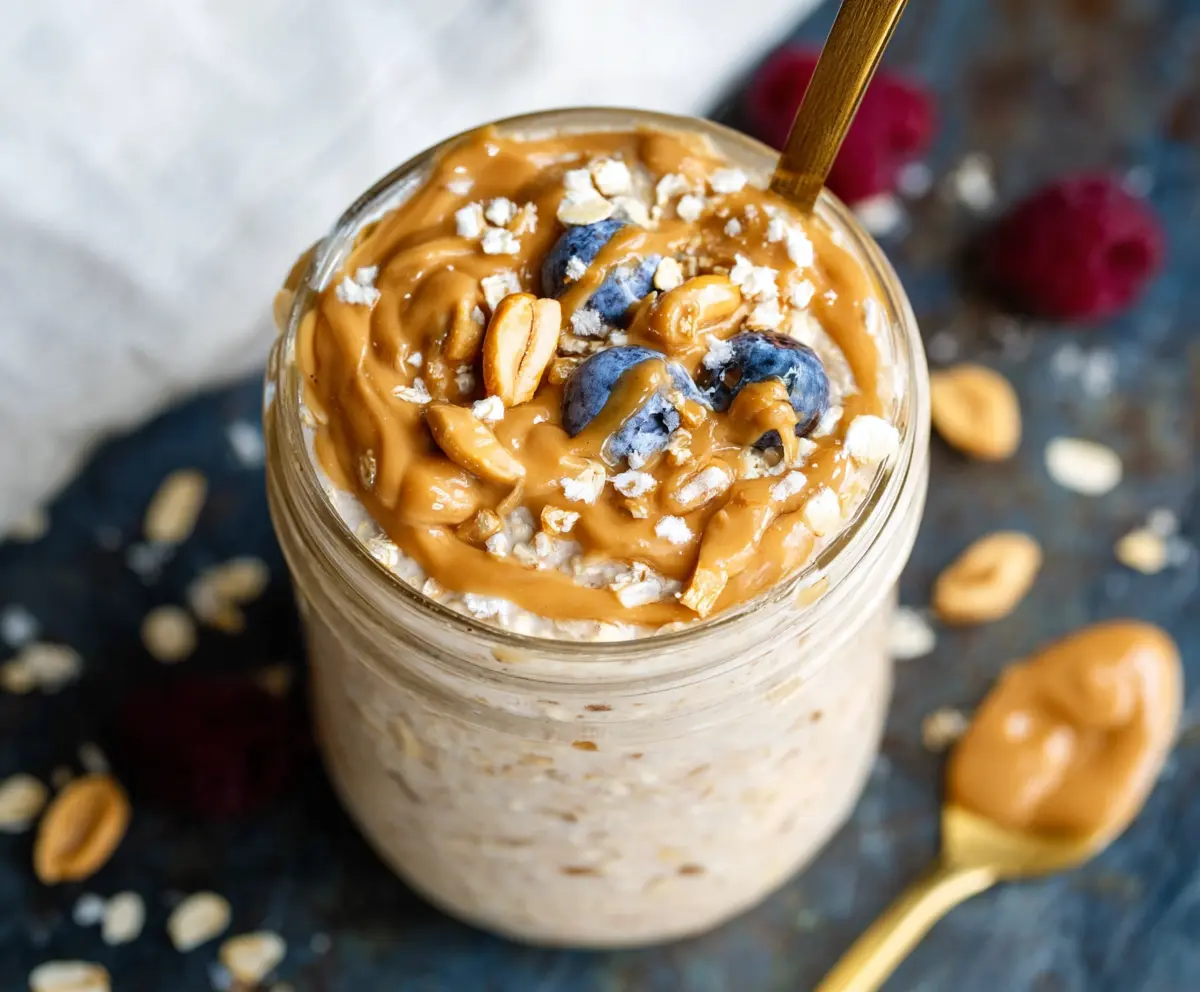 Creamy peanut butter overnight oats topped with fresh berries and honey for a healthy breakfast option