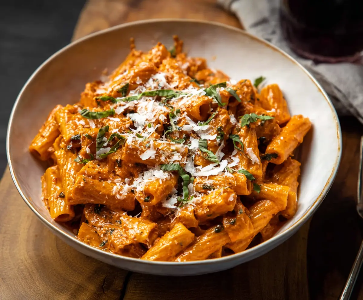 Delicious pesto vodka sauce pasta served in a bowl, garnished with fresh herbs.