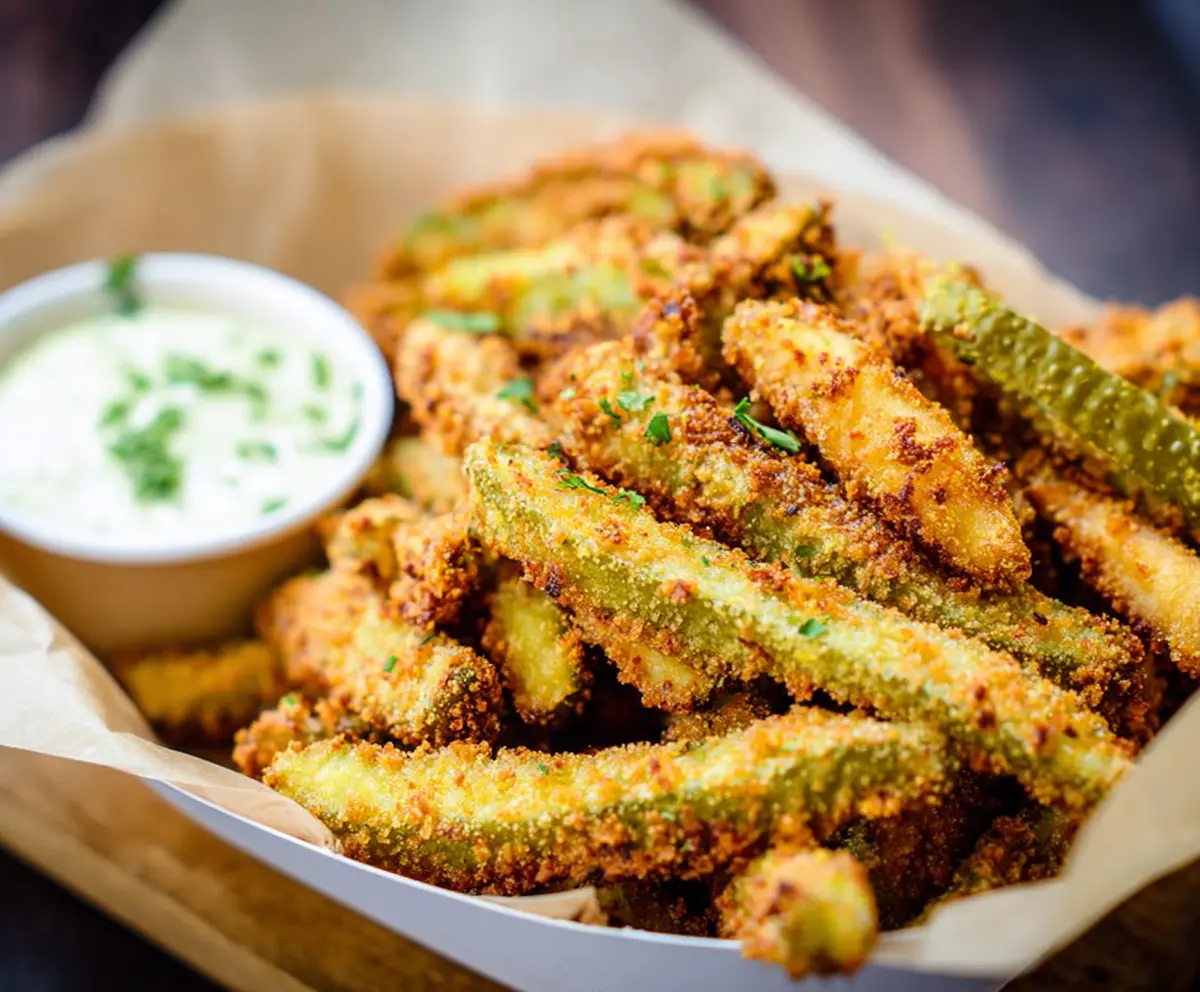 Crispy pickle fries served with dipping sauce, golden and seasoned for a savory snack