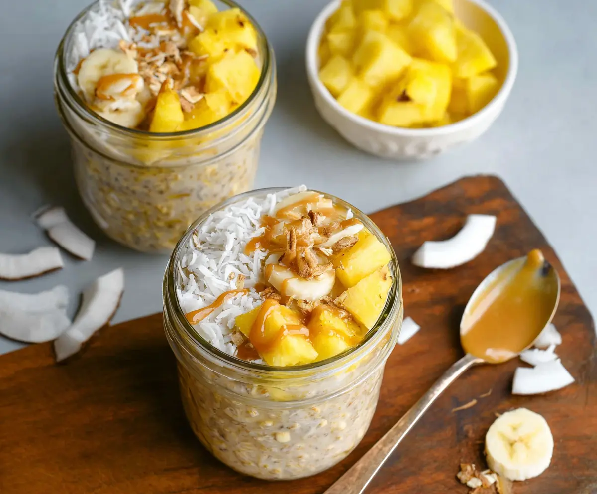 Creamy pineapple overnight oats in a glass jar, garnished with fresh pineapple chunks and chia seeds.