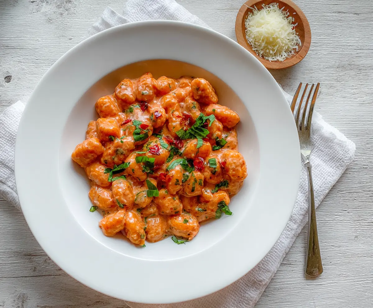 Delicious pink gnocchi served with fresh herbs on a rustic plate.
