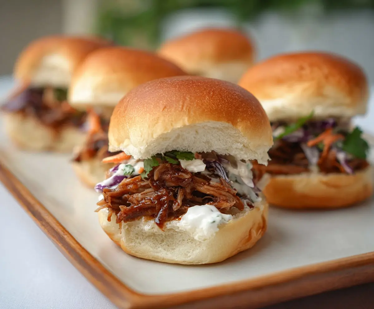 Delicious pulled pork sliders topped with pickles and served on soft buns, perfect for a flavorful appetizer.