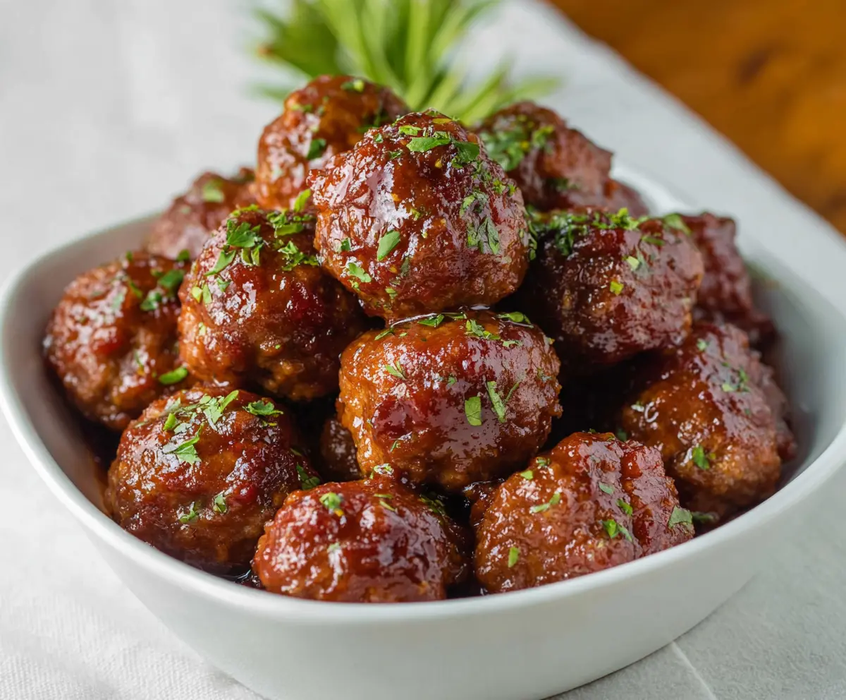 Delicious raspberry chipotle meatballs served on a platter, showcasing a sweet and spicy flavor combination.