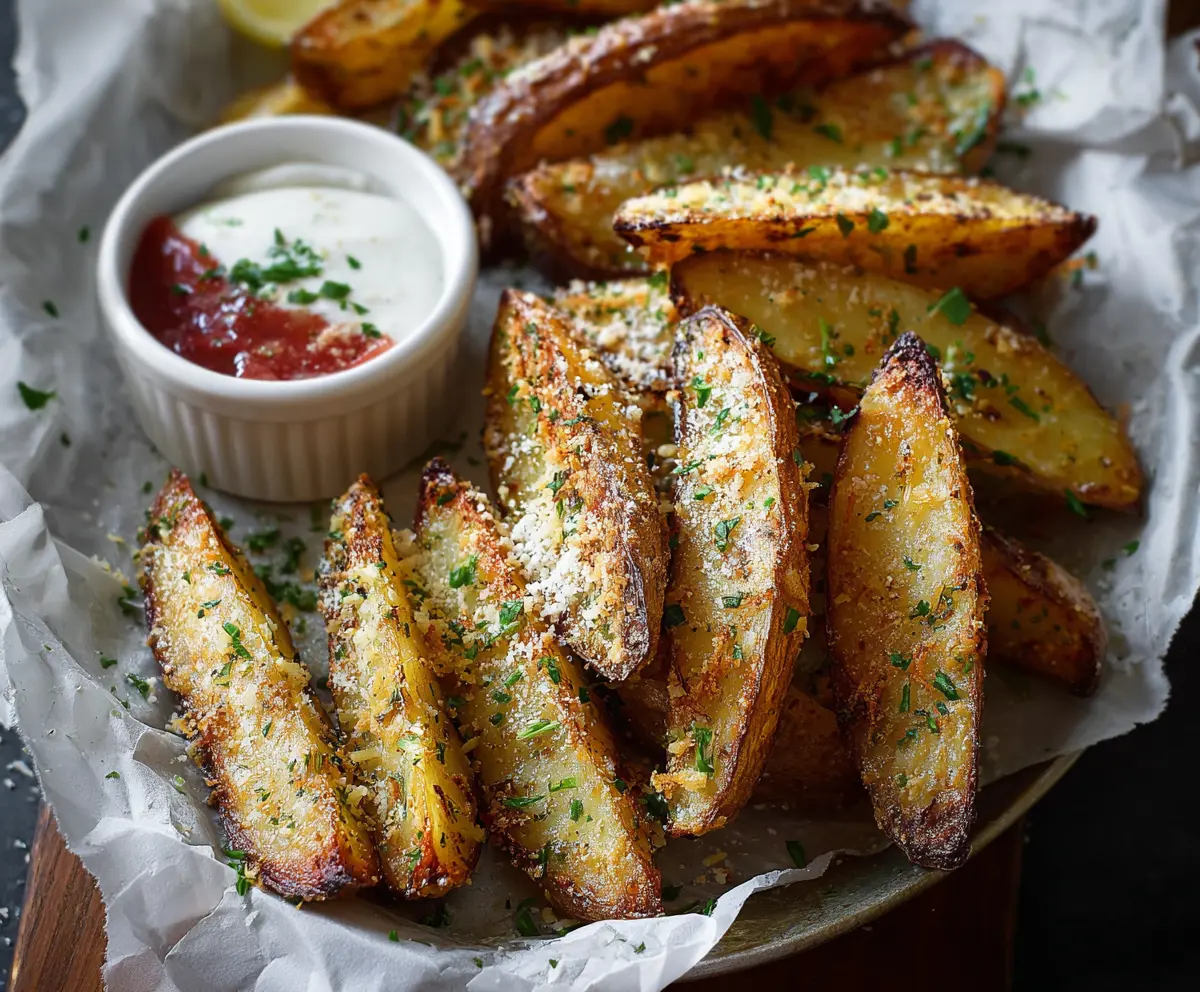 Delicious roasted garlic Parmesan potato wedges served hot with crispy edges.