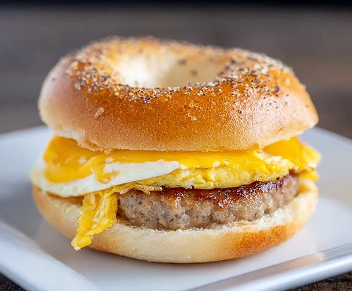 Delicious sausage and egg breakfast bagel sandwich with melted cheese on a toasted bagel.