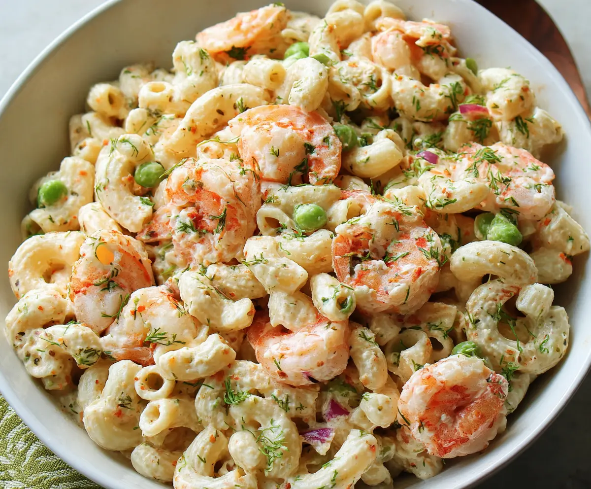 Delicious seafood macaroni salad with shrimp, perfect for summer picnics and parties.