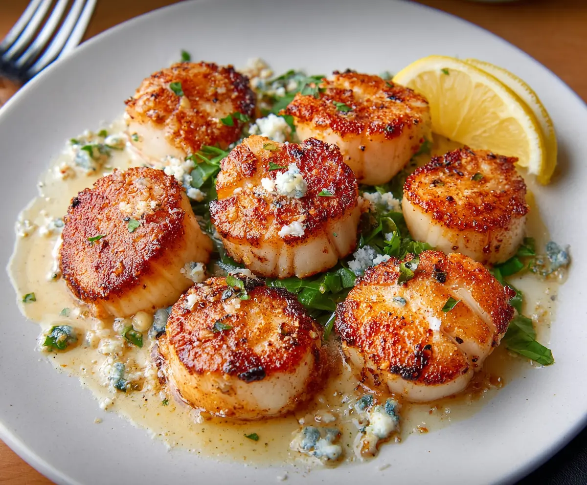 Delicious seared scallops served with lemon and herbs on a white plate