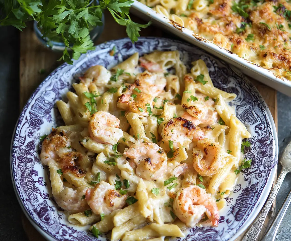 Delicious shrimp Alfredo pasta bake topped with melted cheese and fresh herbs, served on a plate.