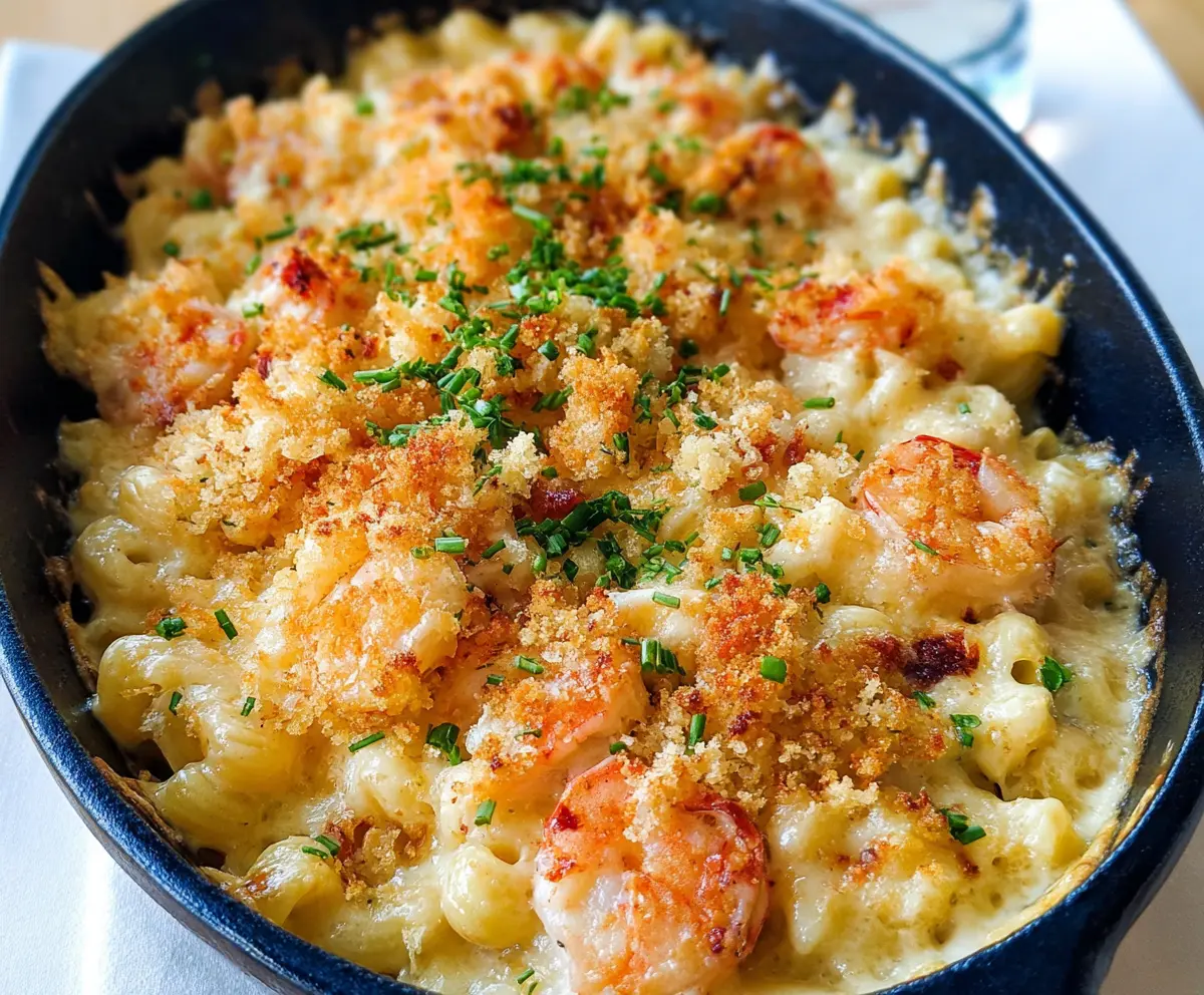 Creamy shrimp mac and cheese served in a bowl, showcasing a delicious seafood and pasta dish.