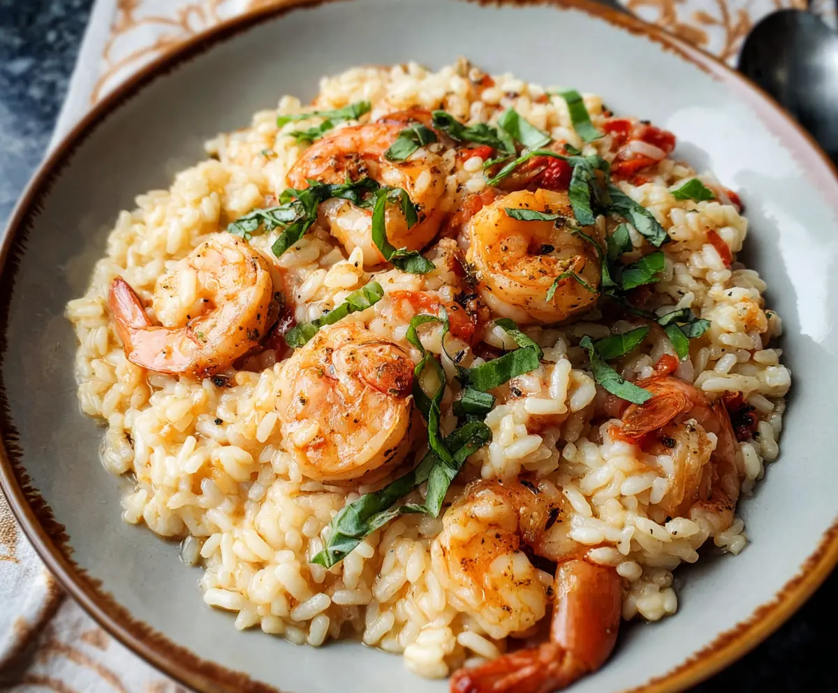 Creamy shrimp risotto garnished with fresh herbs and served in a white bowl.
