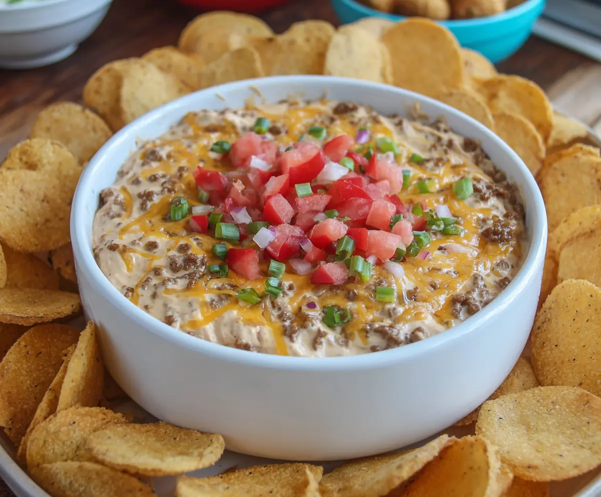 Delicious Slow Cooker Big Mac Dip with layered cheese and beef served in a bowl