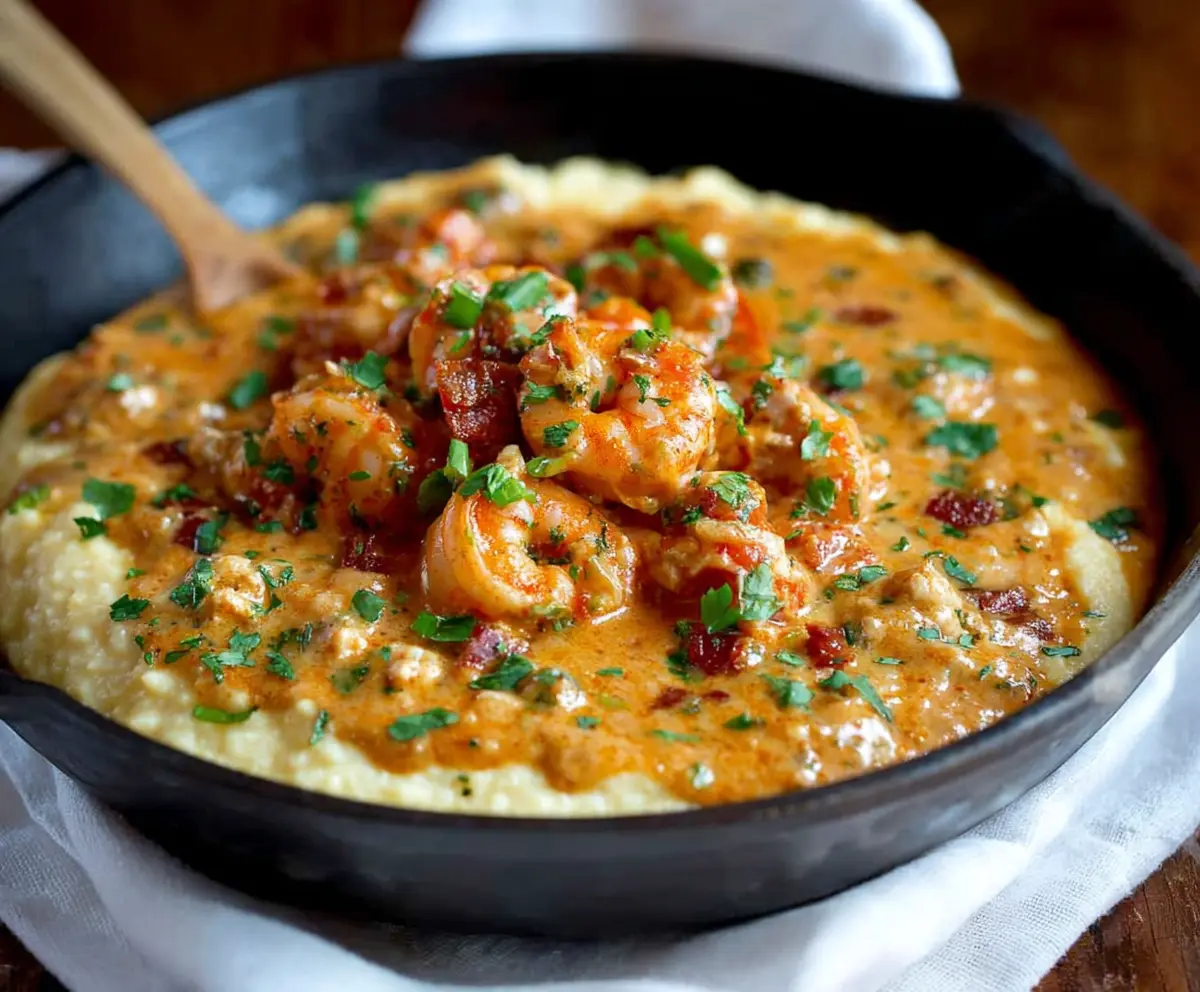 Delicious smothered shrimp served over creamy grits, perfect for a Southern-inspired meal.