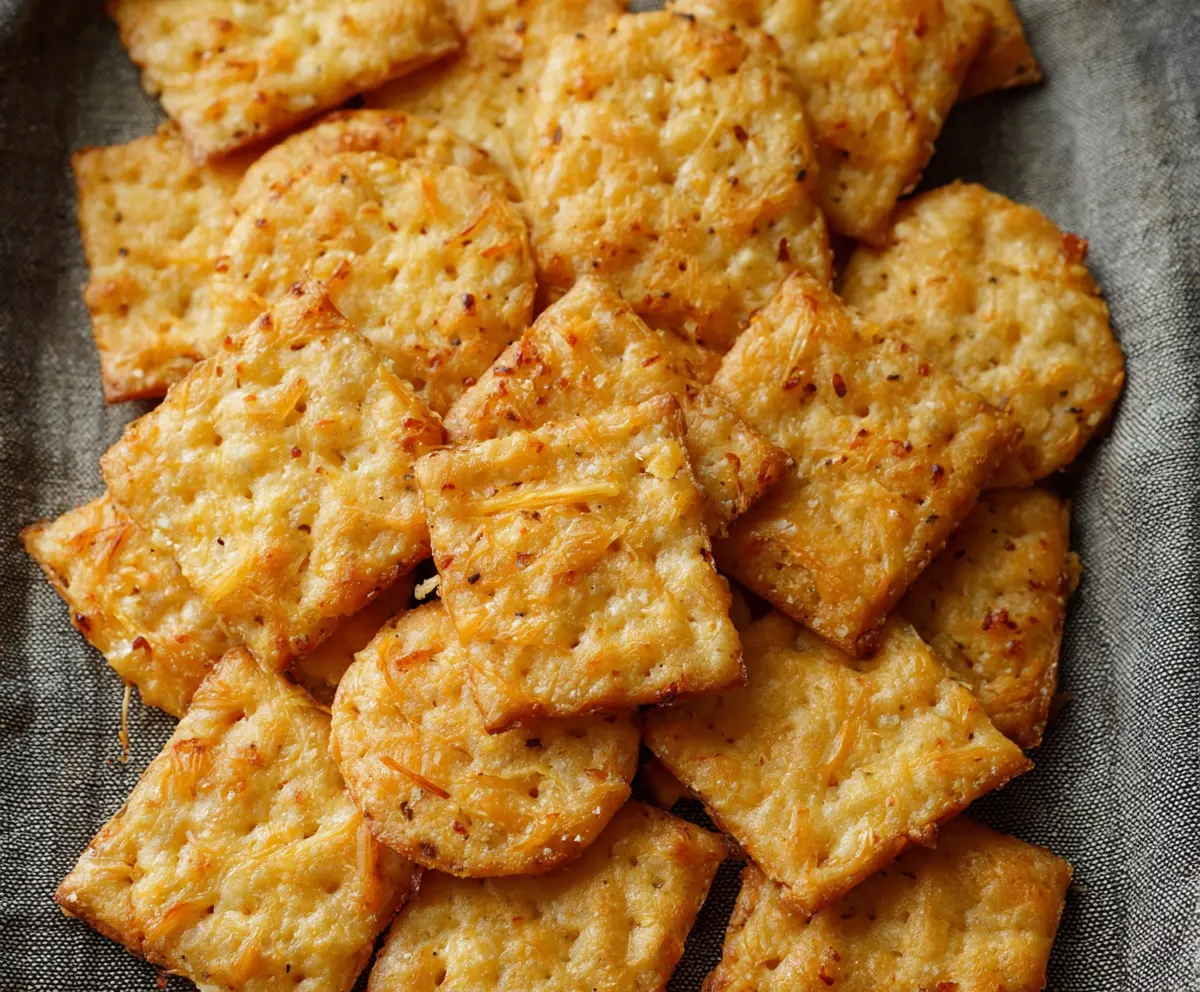 Golden sourdough cheese crackers on a wooden board, packed with melted cheese and crispy texture.
