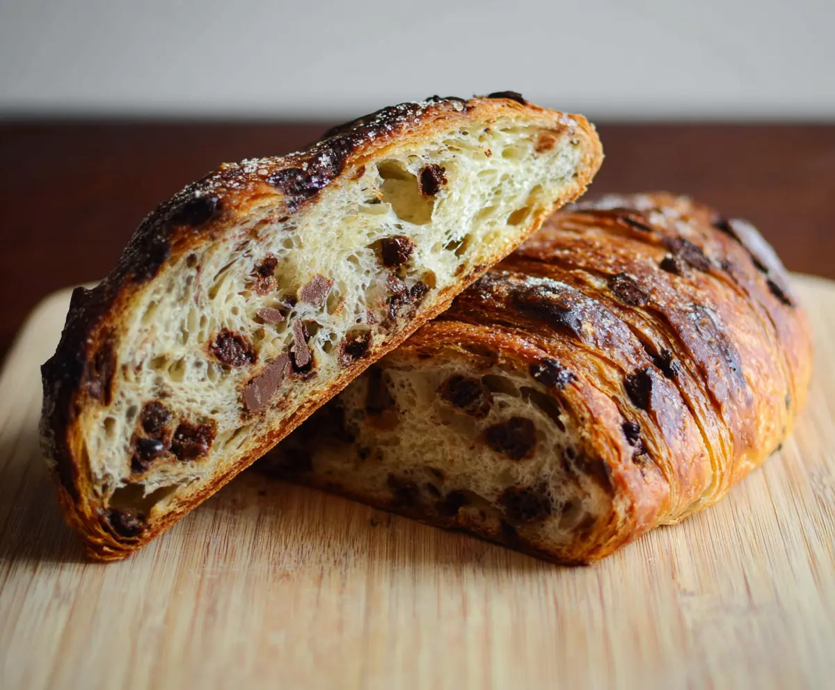 Delicious Sourdough Chocolate Chip Croissant Bread on a rustic wooden table, showcasing flaky layers and melted chocolate.
