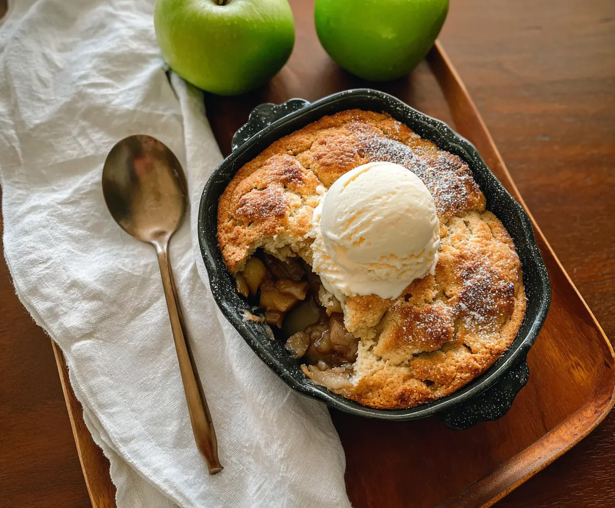 Close-up of a delicious Sourdough Discard Apple Cobbler in a baking dish, topped with cinnamon and apple slices.
