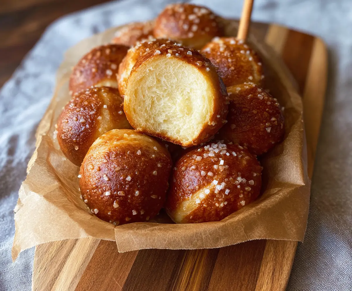 Golden sourdough discard pretzel bites served with dipping mustard on a rustic wooden board.