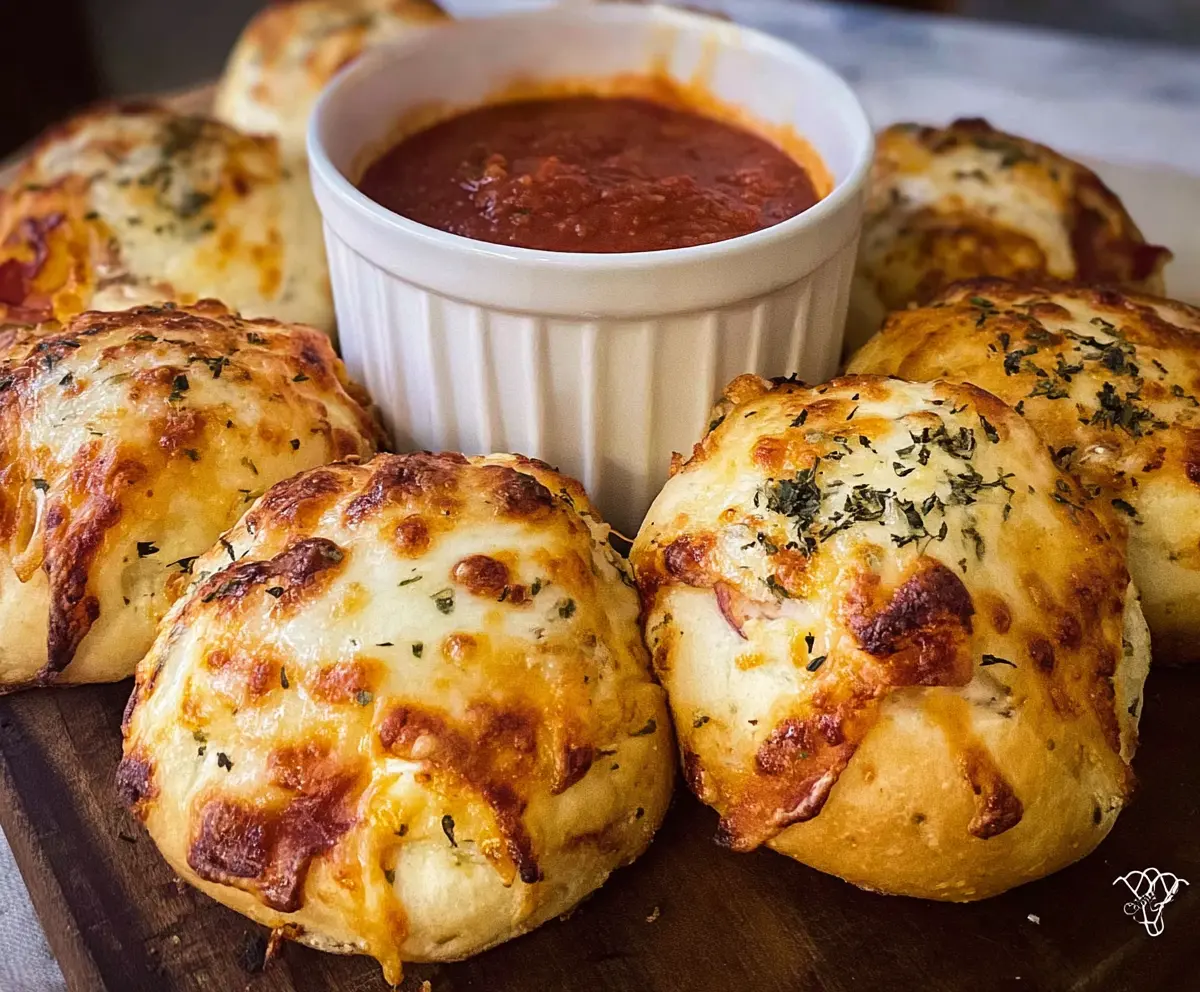 Delicious sourdough pizza bombs with melted cheese and savory toppings on a rustic wooden serving board.
