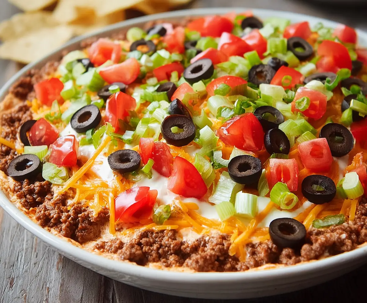 Delicious taco dip with seasoned ground beef, melted cheese, and fresh toppings served with tortilla chips.