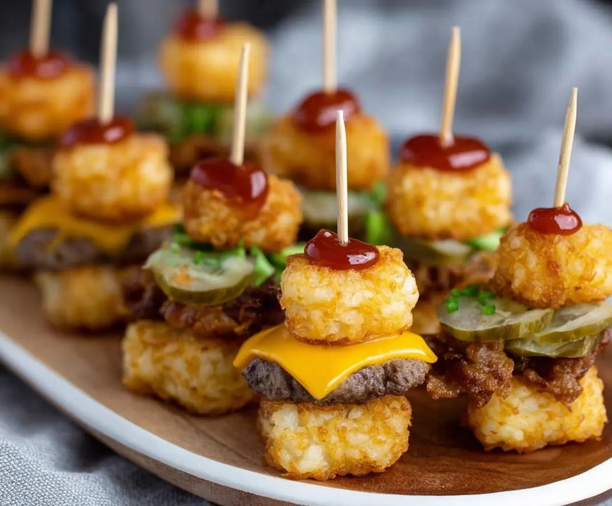 Delicious Tater Tot Mini Cheeseburger Bites, perfect for appetizers and parties.