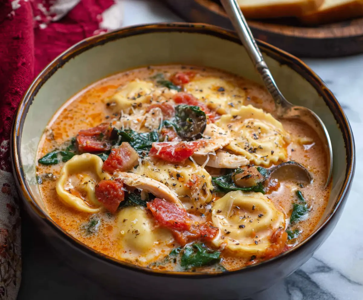 Delicious Tuscan Ravioli Soup with fresh herbs and melted cheese in a rustic bowl.