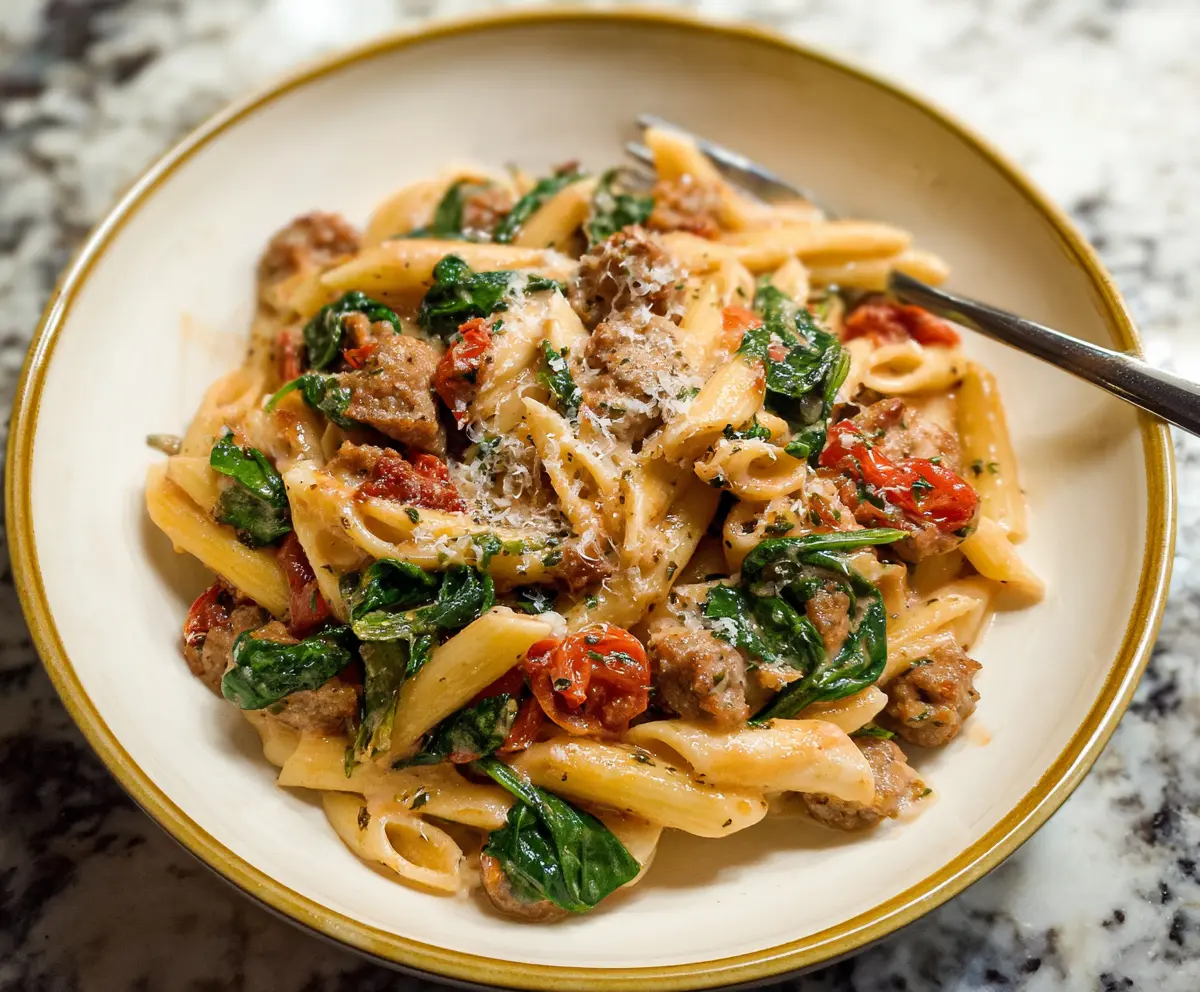 Delicious Tuscan sausage pasta with fresh herbs and cherry tomatoes in a white plate.