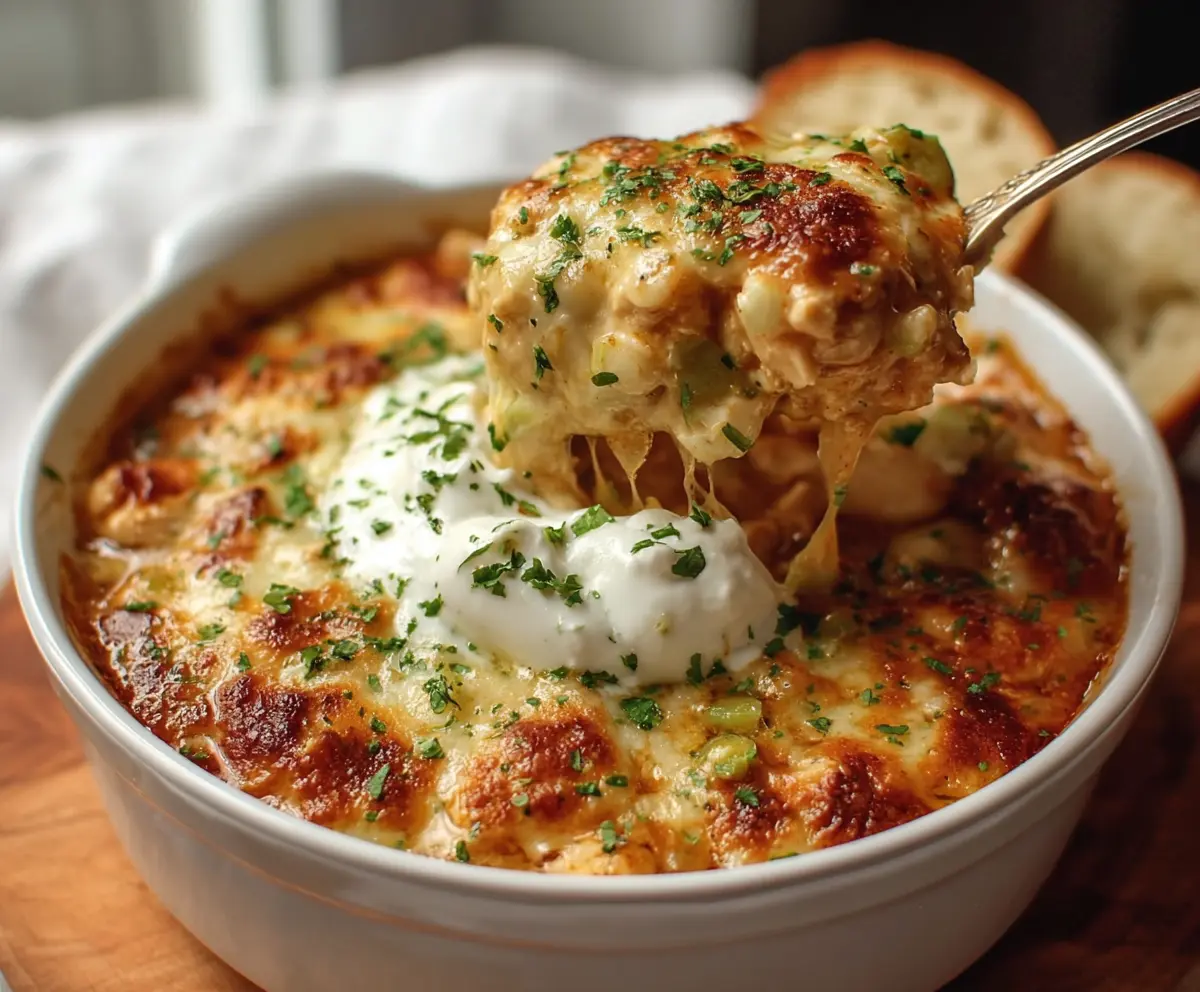 Hearty white chicken chili cottage cheese winter bake served in a baking dish with fresh herbs.