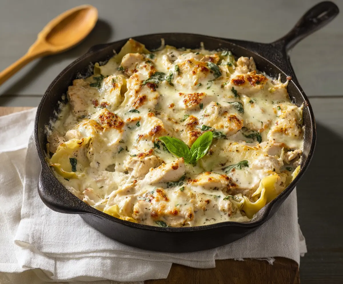 Delicious white chicken skillet lasagna with creamy cheese and tender chicken in a skillet dish.
