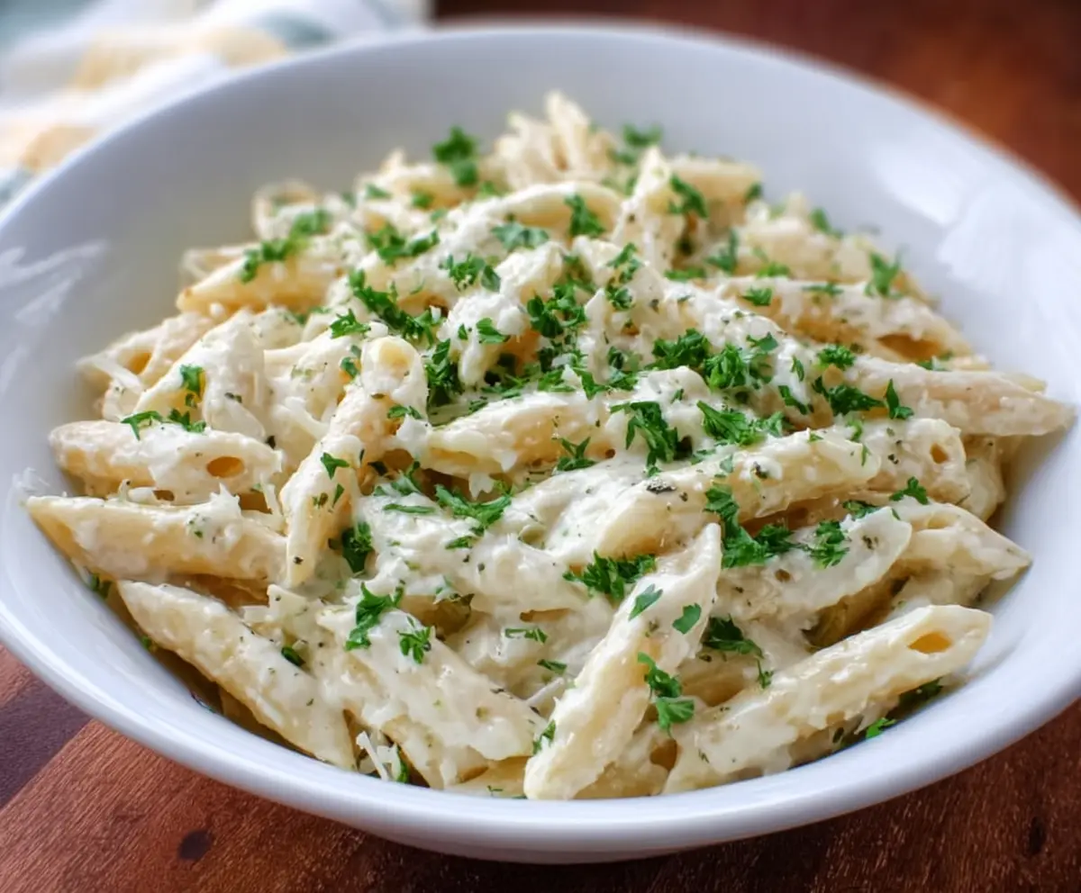 Creamy white pasta sauce served over al dente spaghetti, garnished with fresh herbs.