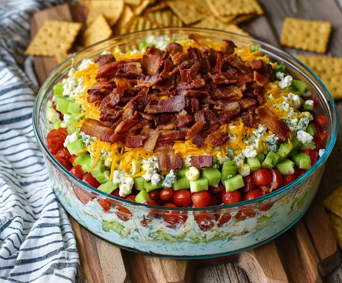 Colorful 7 Layer Cobb Salad Dip in a clear glass bowl with fresh ingredients like avocados, tomatoes, and cheese.
