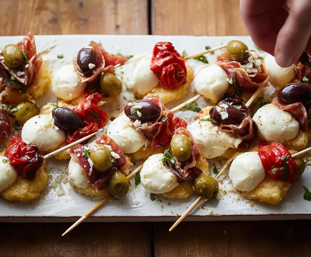 Assorted Antipasto Bites with cured meats, cheese, olives, and vegetables on a serving platter.