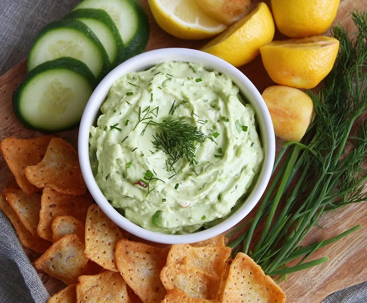 Creamy avocado ranch dip served in a bowl with fresh herbs, perfect for snacking or entertaining.