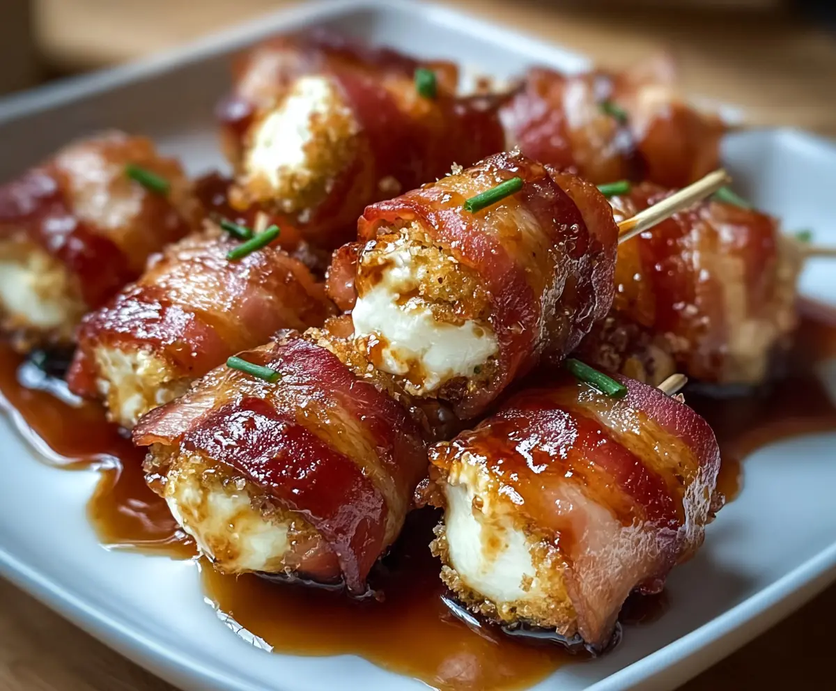 Delicious bacon mozzarella poppers drizzled with sweet maple glaze, perfect for appetizer lovers.