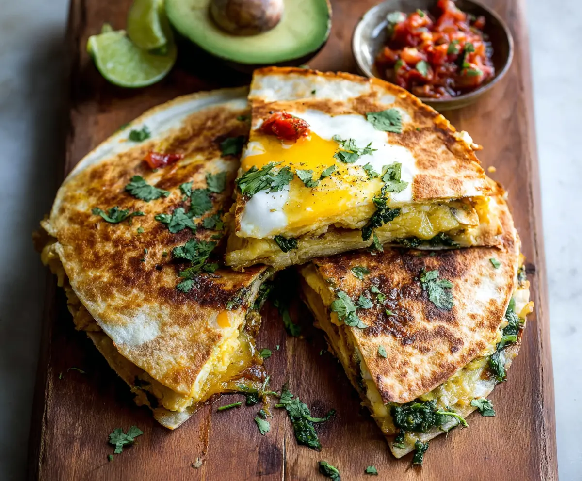 Delicious baked breakfast quesadillas filled with eggs cheese and veggies on a plate.