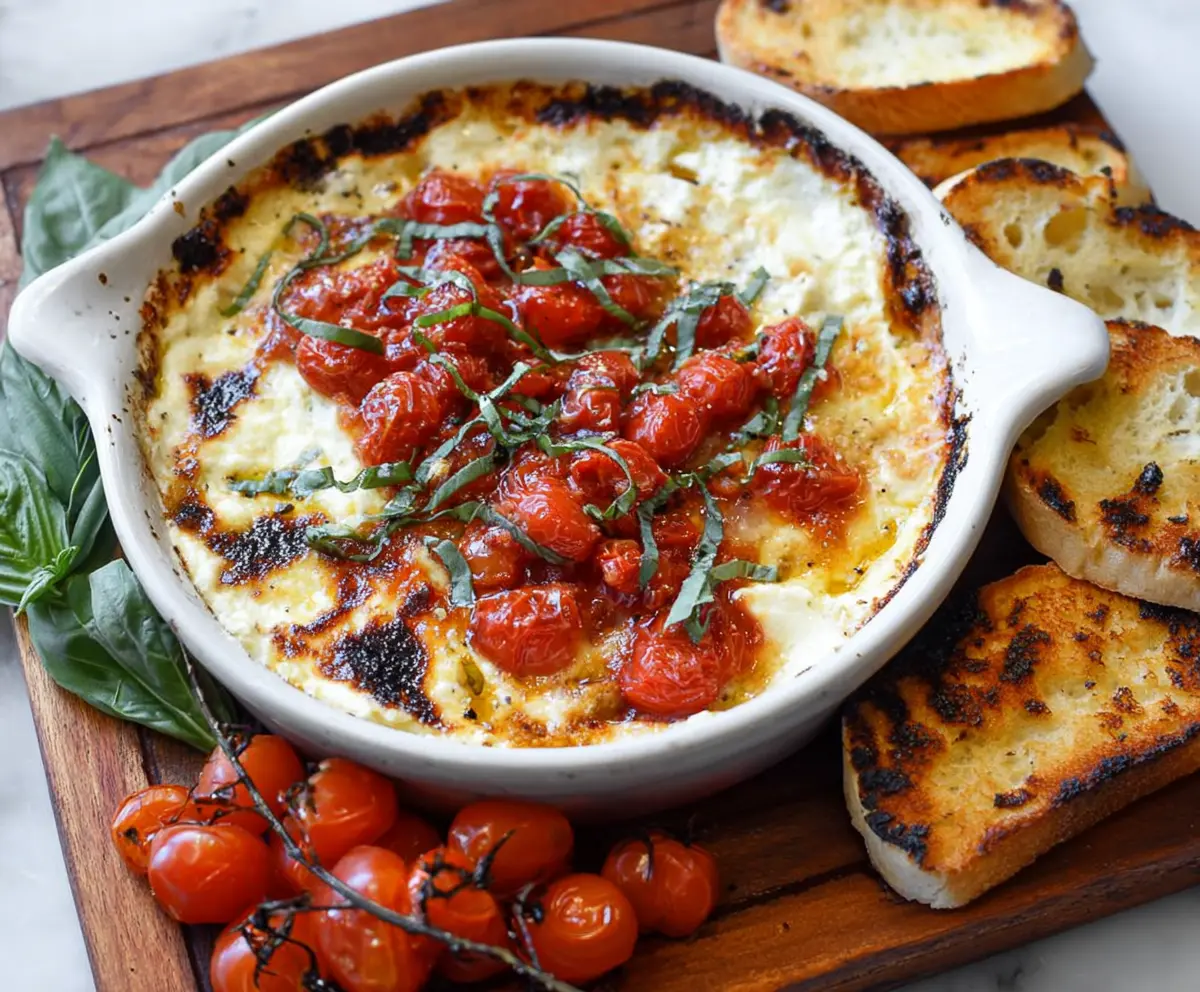 Delicious baked goat cheese bruschetta dip served in a rustic bowl with fresh herbs and toasted baguette slices.