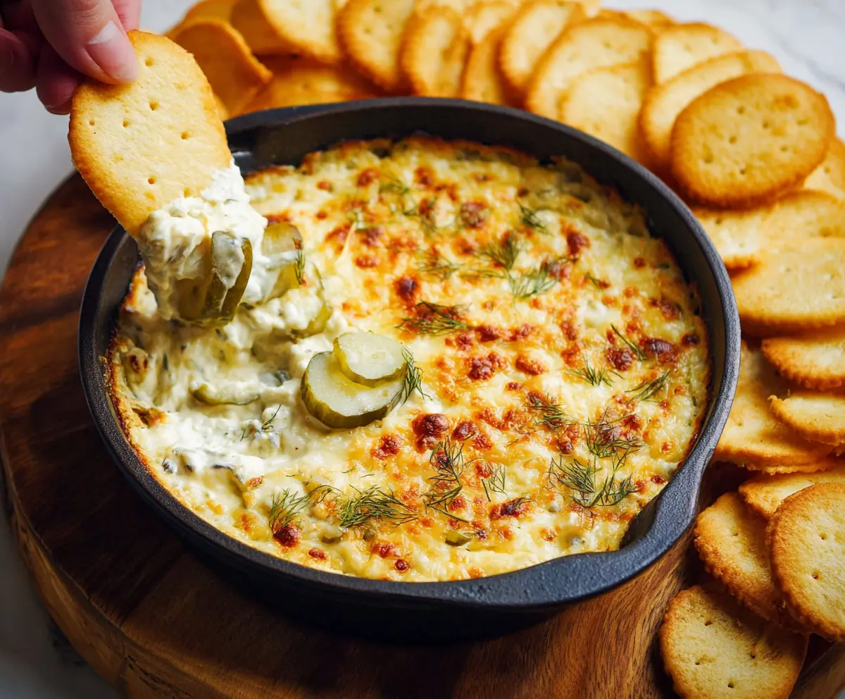 Creamy baked pickle dip served with fresh vegetables for a flavorful appetizer