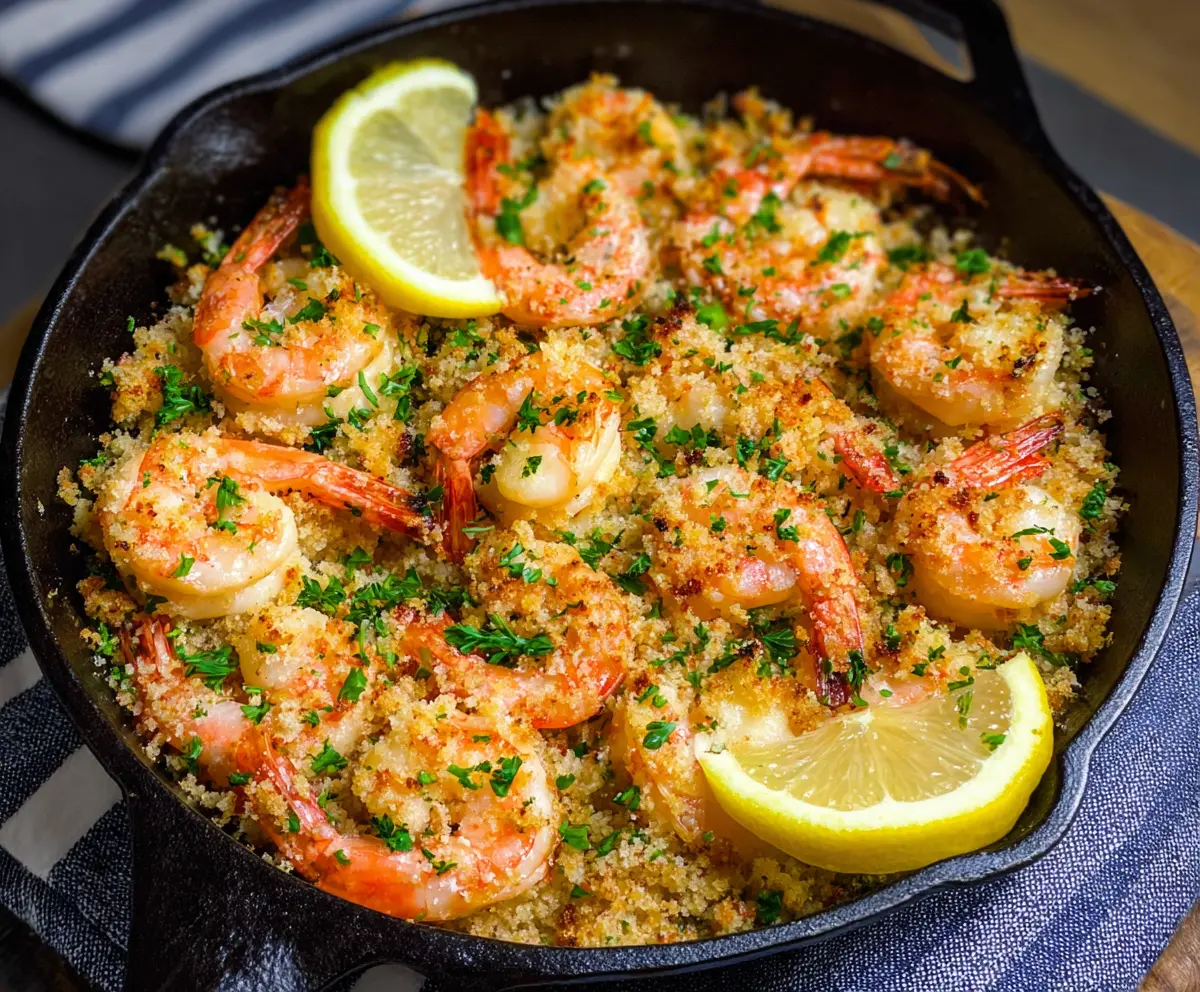 Delicious baked shrimp scampi with golden breadcrumbs served on a plate.
