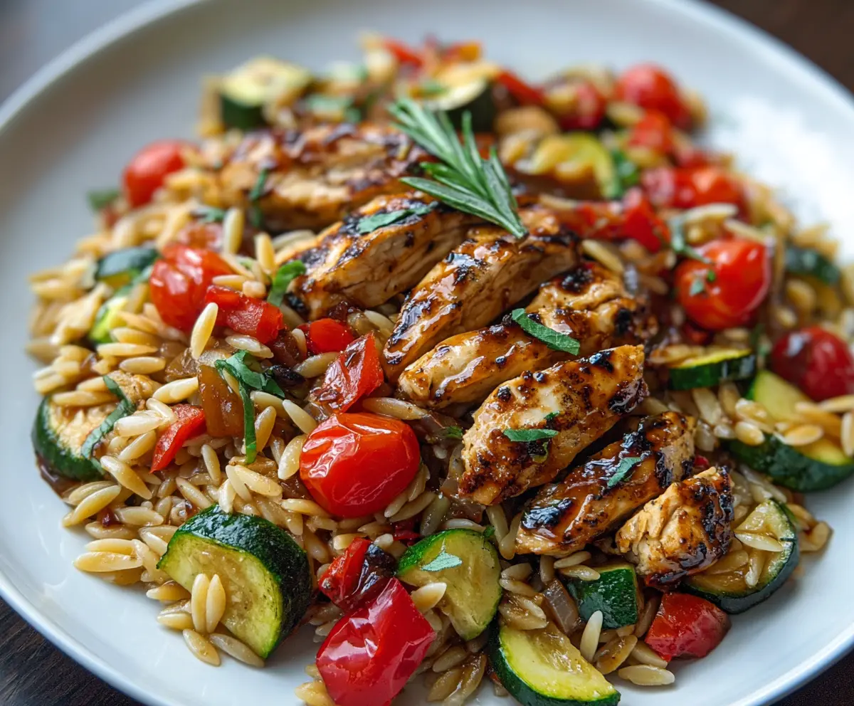 Delicious Balsamic Chicken with colorful vegetables and orzo pasta dish