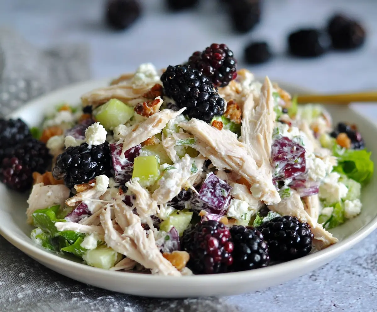 Delicious Blackberry Cottage Cheese Chicken Salad served in a bowl with fresh blackberries and greens.