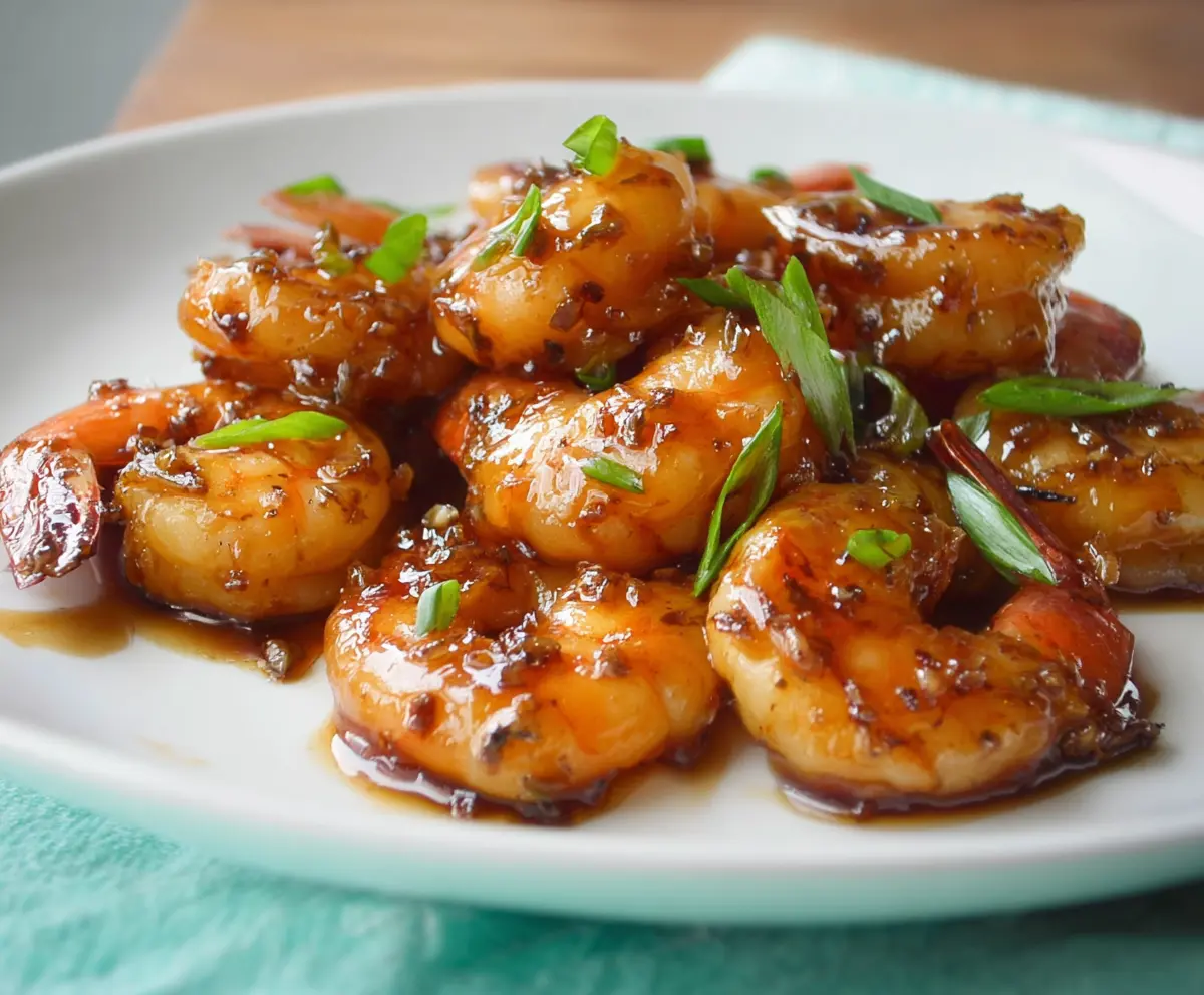Delicious Bourbon Glazed Shrimp served on a white plate with lemon wedges