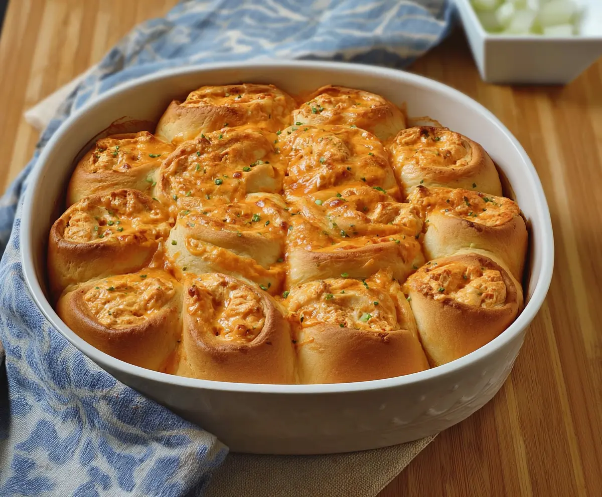 Delicious Buffalo Chicken Crescent Roll Bake topped with melted cheese and spicy buffalo sauce.