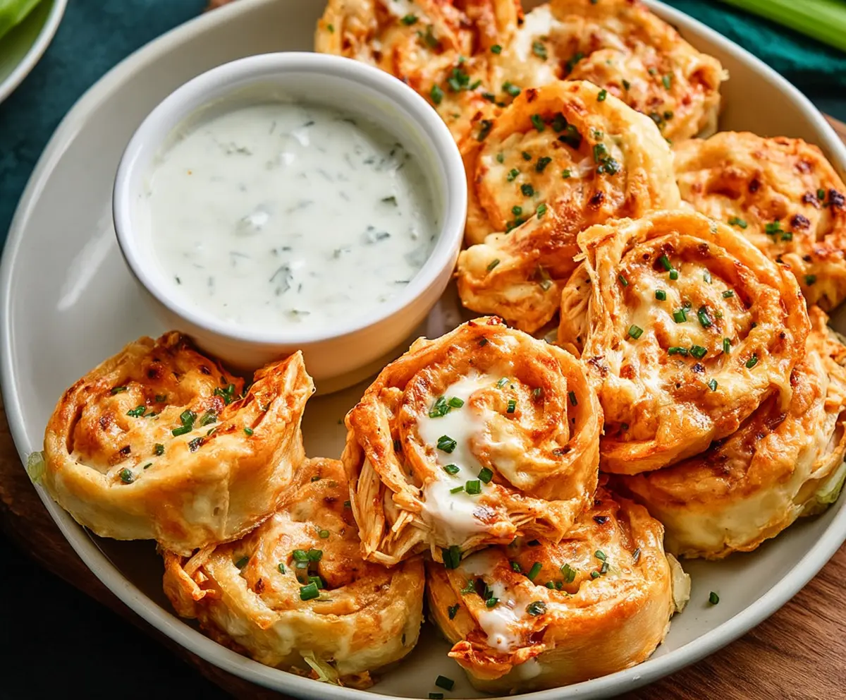Delicious Buffalo Chicken Ranch Pinwheels on a plate, showcasing spicy chicken and creamy ranch filling in a swirl design.