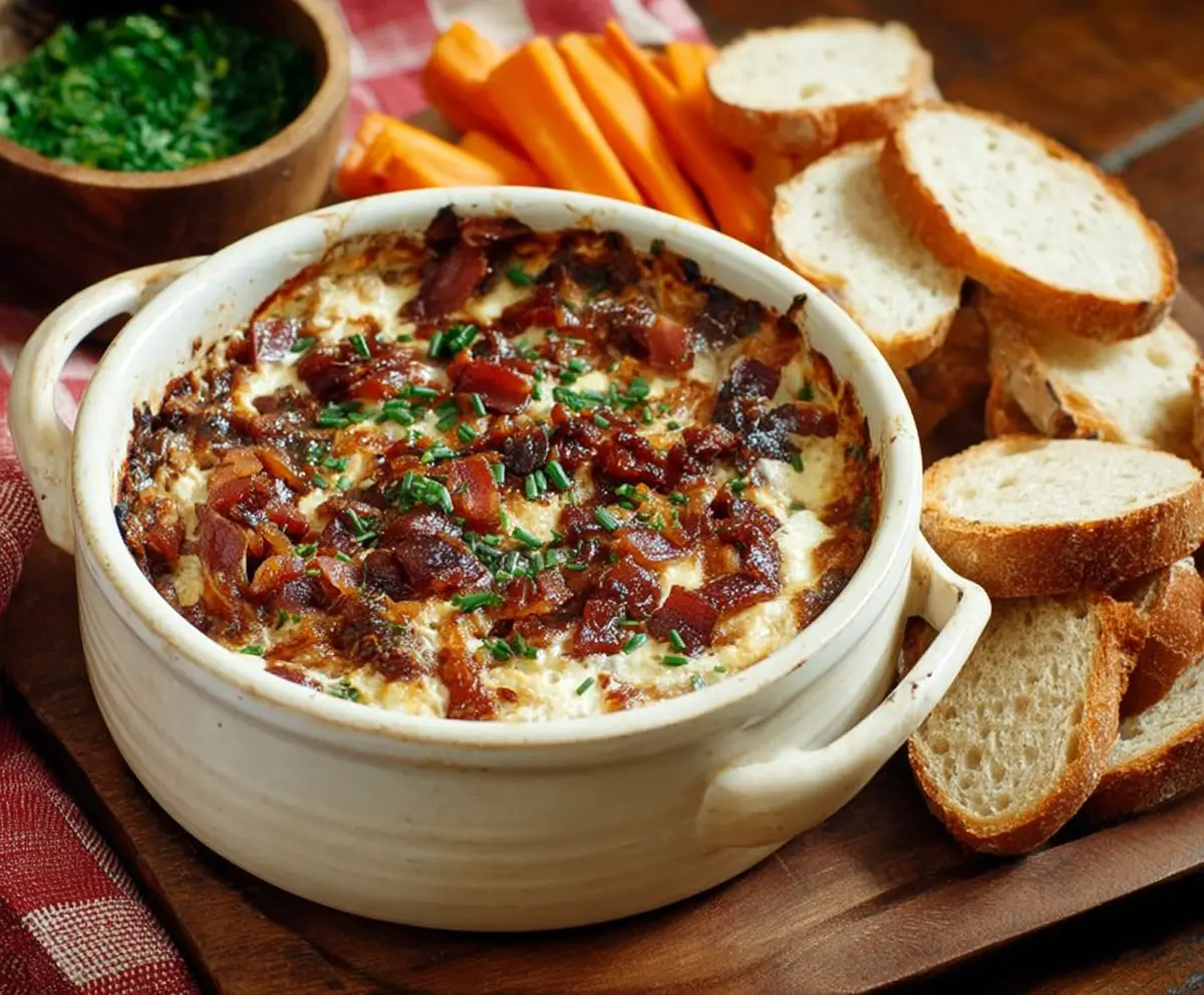 Creamy caramelized onion and crispy bacon dip served in a bowl, perfect for appetizers
