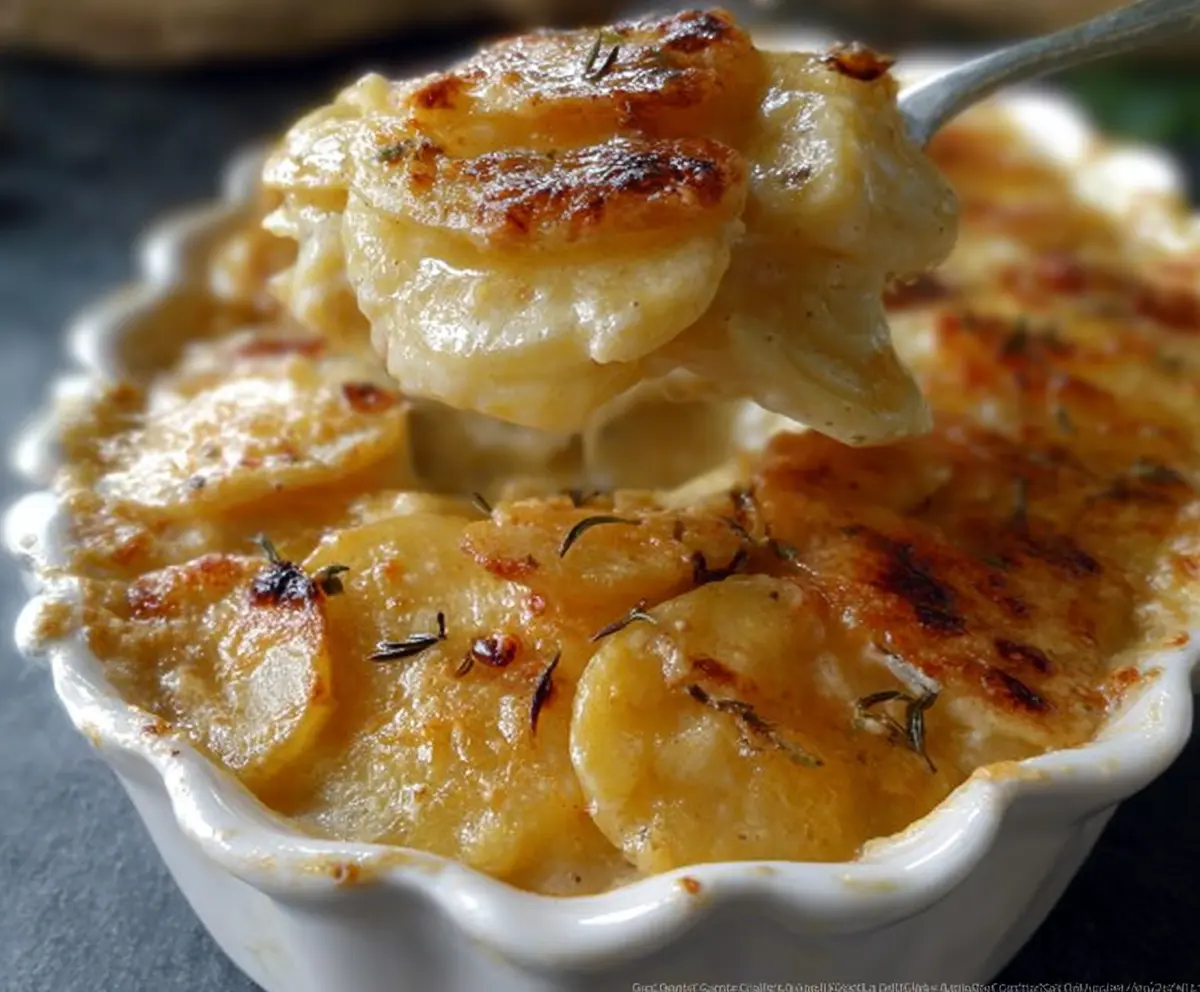 Baked cheesy garlic scalloped potatoes in a casserole dish garnished with herbs