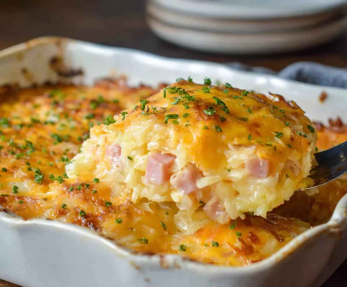 Delicious Cheesy Ham Hashbrown Casserole served hot, showcasing melted cheese, diced ham, and crispy hashbrowns.