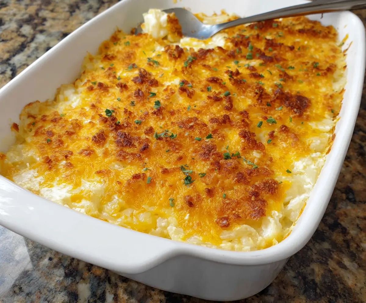 Delicious cheesy potato casserole with melted cheese and crispy topping in a baking dish.