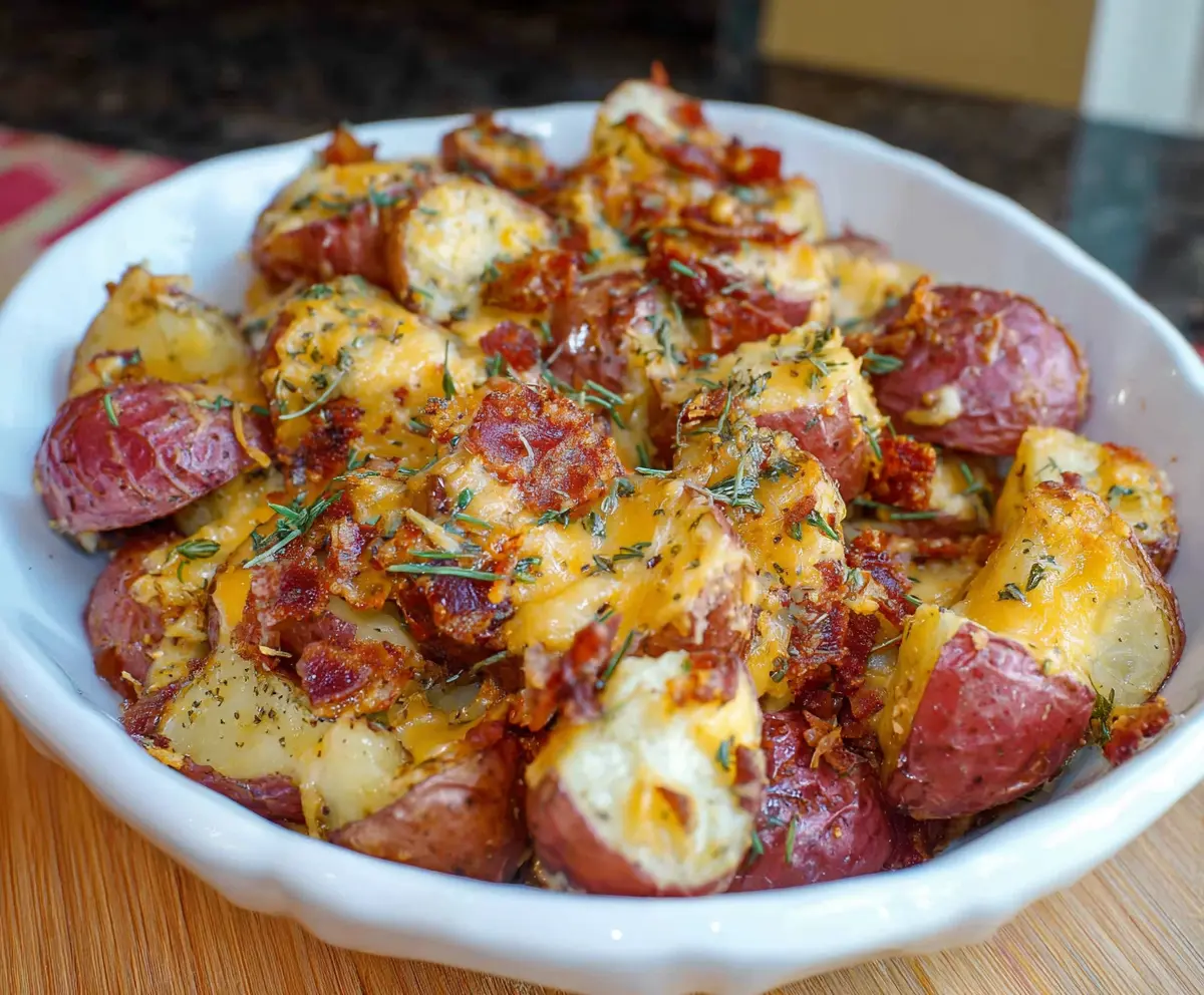 Delicious cheesy red potatoes baked to perfection with melted cheese and herbs