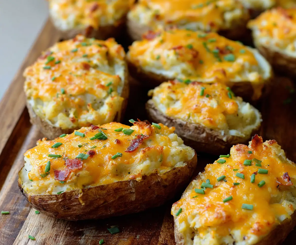 Delicious cheesy twice baked potatoes topped with melted cheese and green onions.